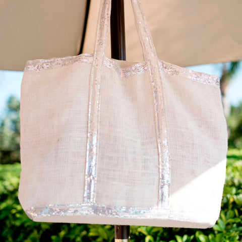 Soft Jute w/ Sequined Trim/Handle - White / Silver